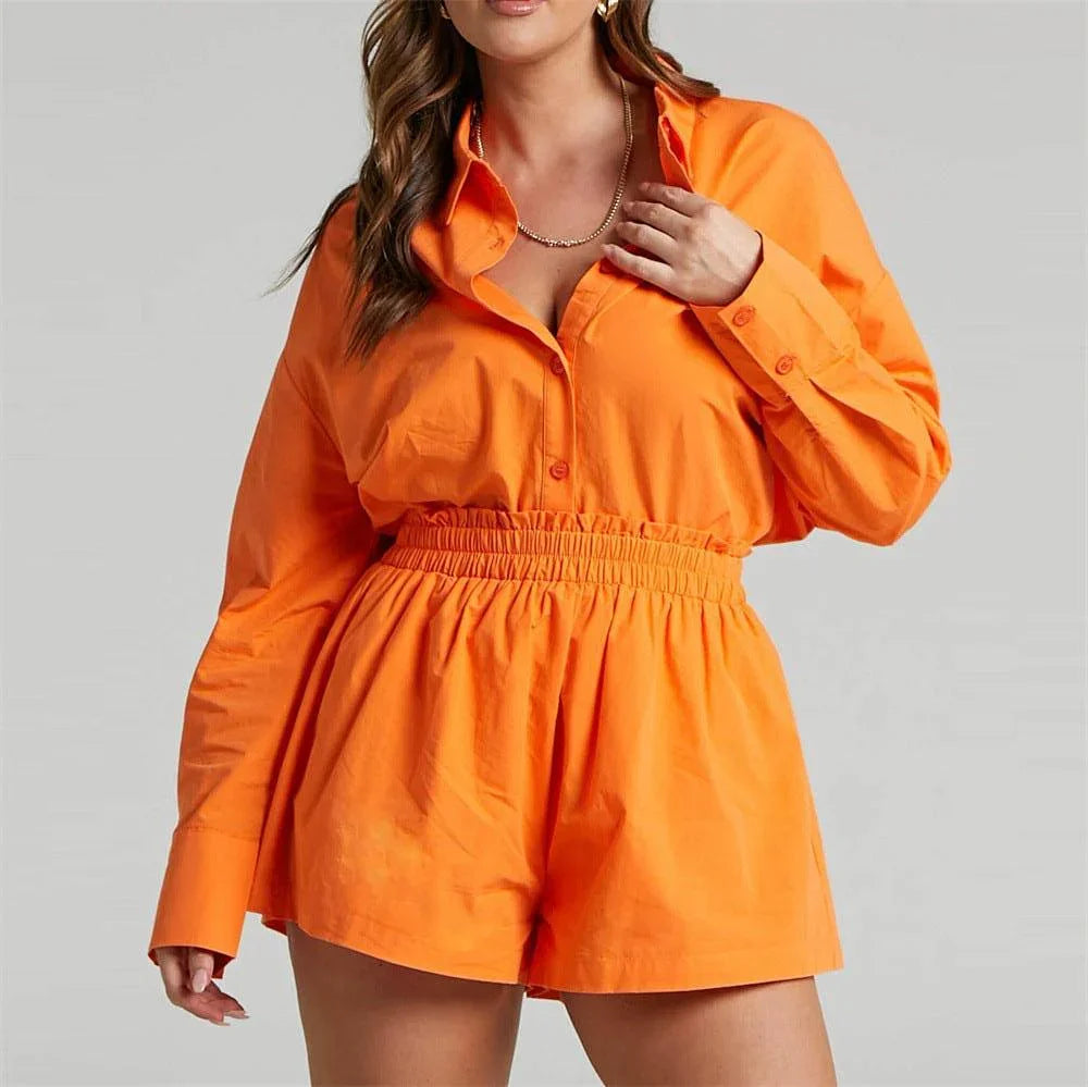 Kennedy Solid Color Breasted Long Sleeve Collared Loose Casual Set - Vestir en Moda