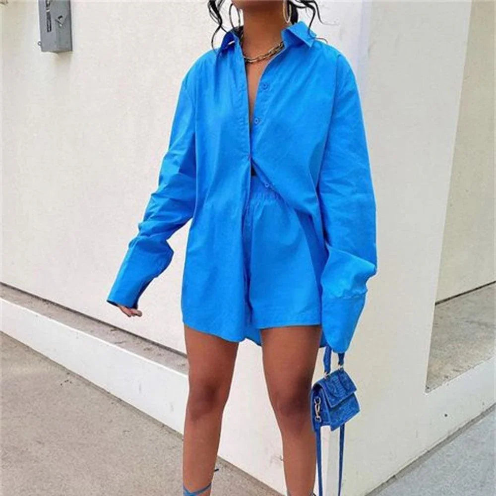 Kennedy Solid Color Breasted Long Sleeve Collared Loose Casual Set - Vestir en Moda