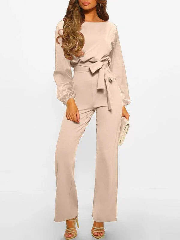 Keyla Women Solid Color Long Puff Sleeve Waist Tie Jumpsuits - Vestir en Moda
