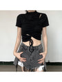 Kimora Ruched Black Patchwork Mock Neck Tees - Vestir en Moda