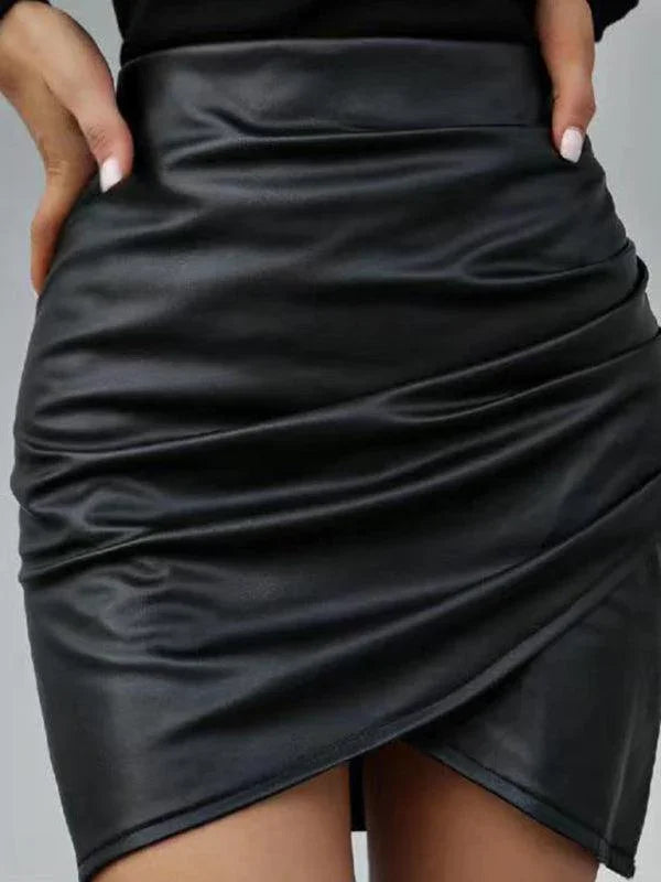 Kinley Faux Leather Wrap Ruched High Waisted Sexy Mini Skirt - Vestir en Moda