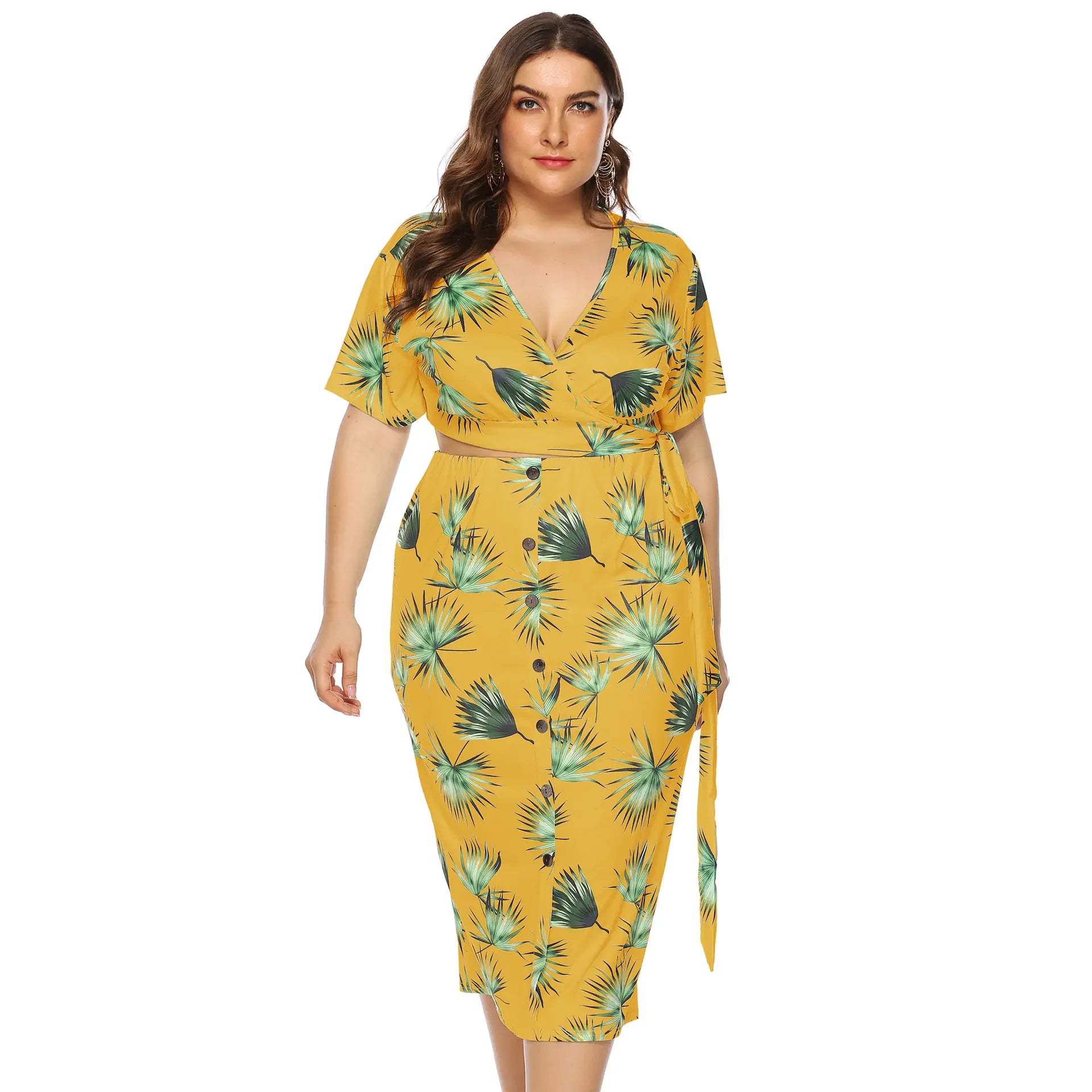 Plus Size Printed V-Neck Crop Elegant Dress