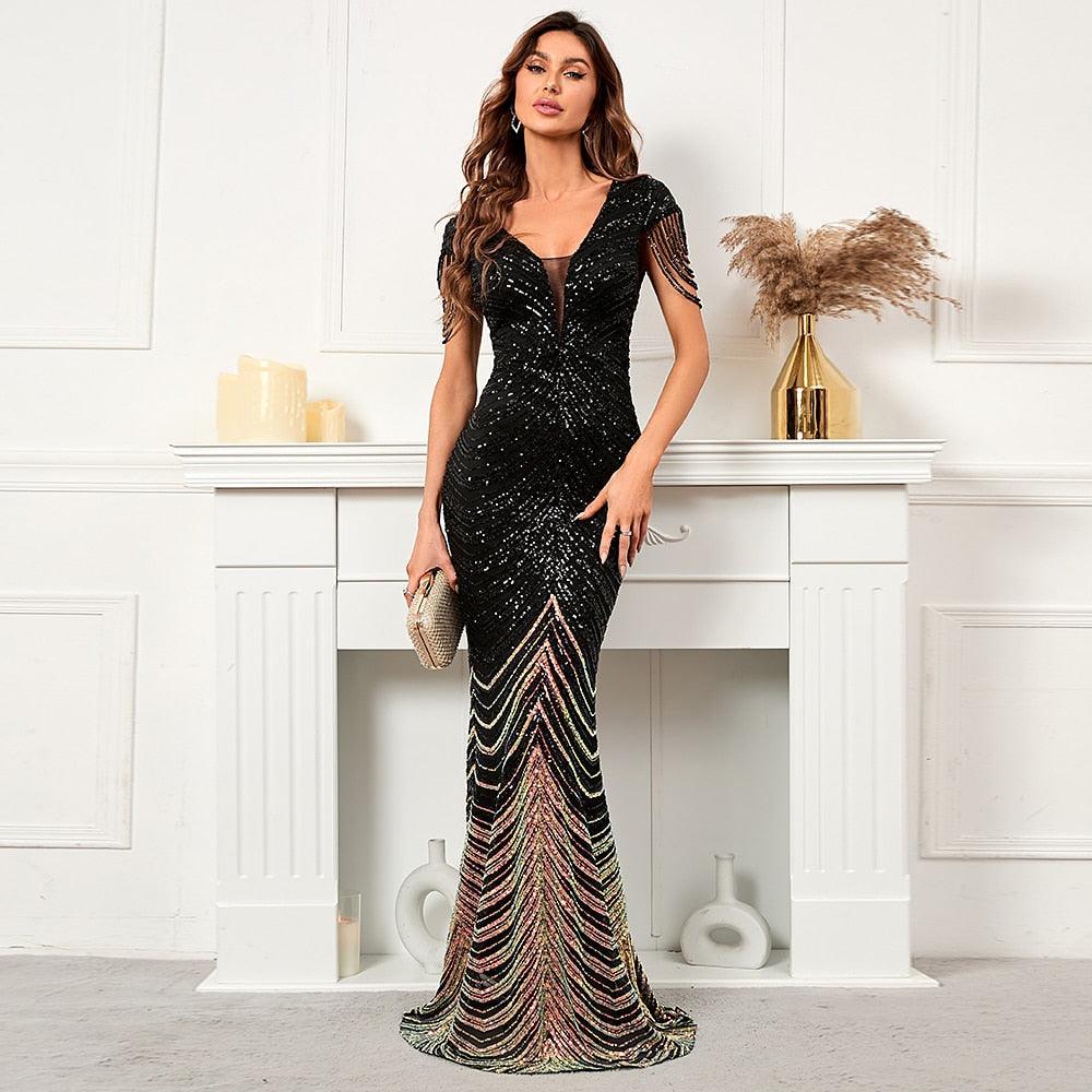 Kristen Deep V Neck Sequin Evening Dresses - Vestir en Moda