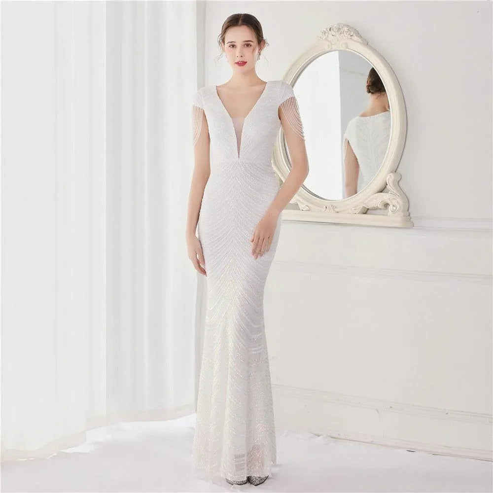 Kristen Deep V Neck Sequin Evening Dresses - Vestir en Moda