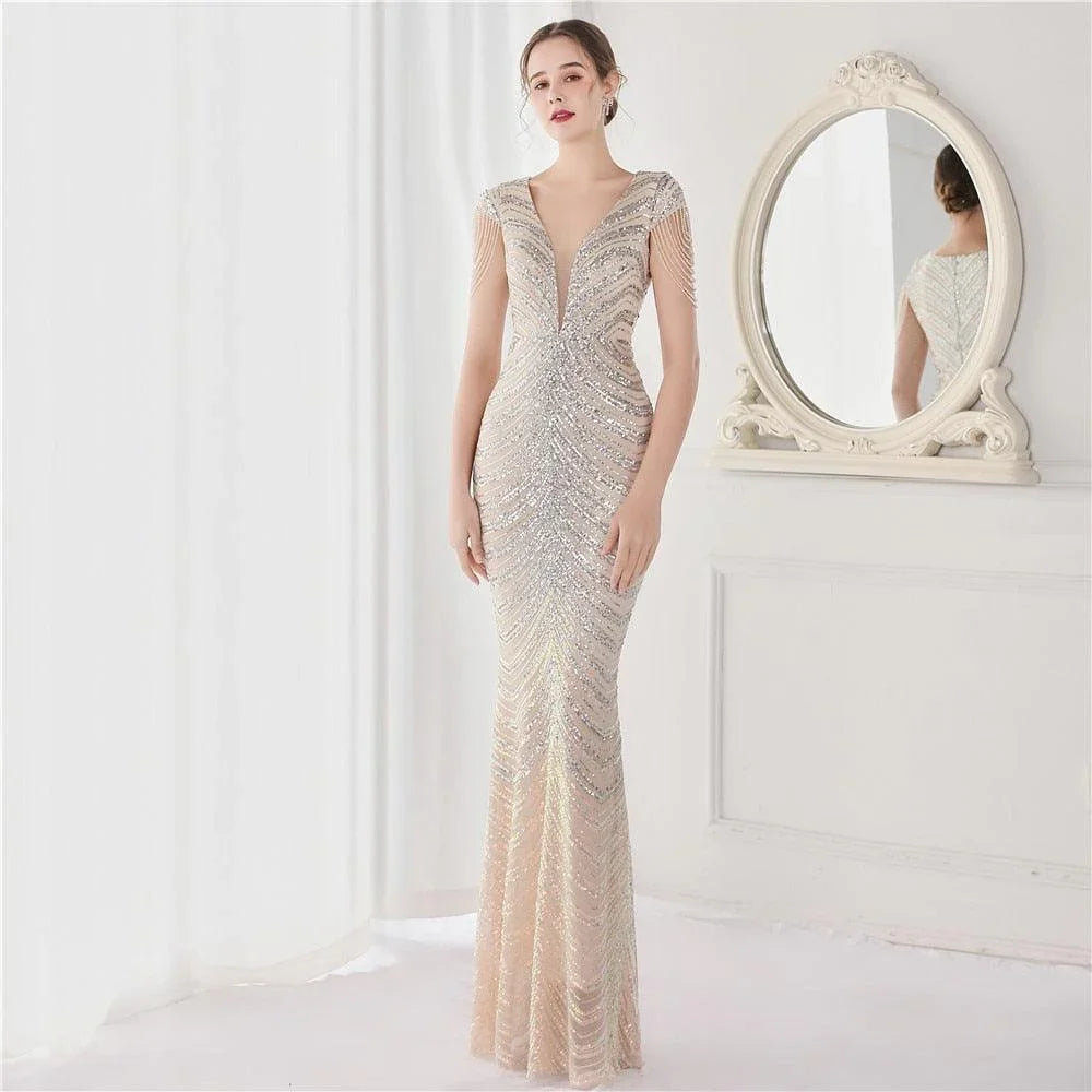 Kristen Deep V Neck Sequin Evening Dresses - Vestir en Moda
