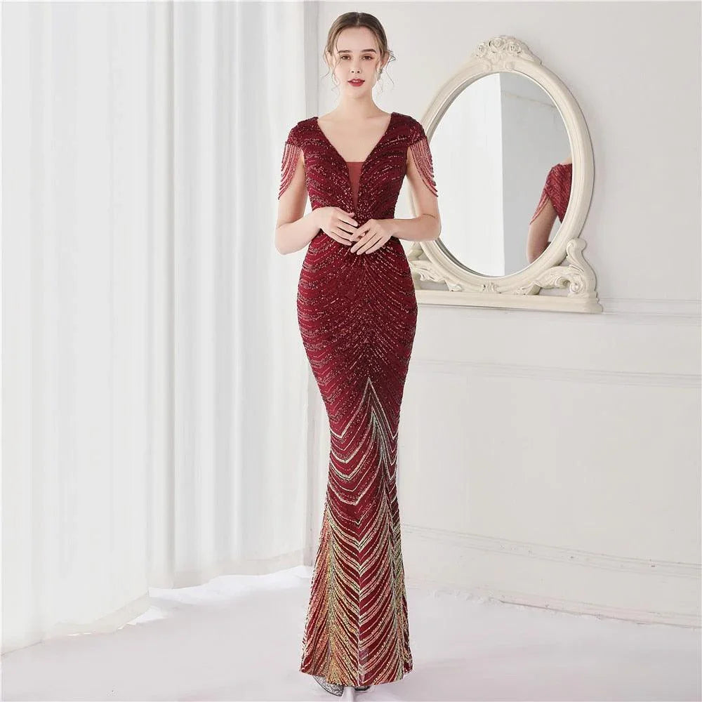 Kristen Deep V Neck Sequin Evening Dresses - Vestir en Moda