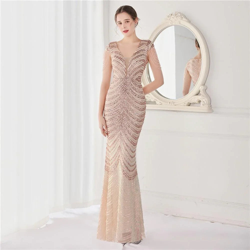 Kristen Deep V Neck Sequin Evening Dresses - Vestir en Moda