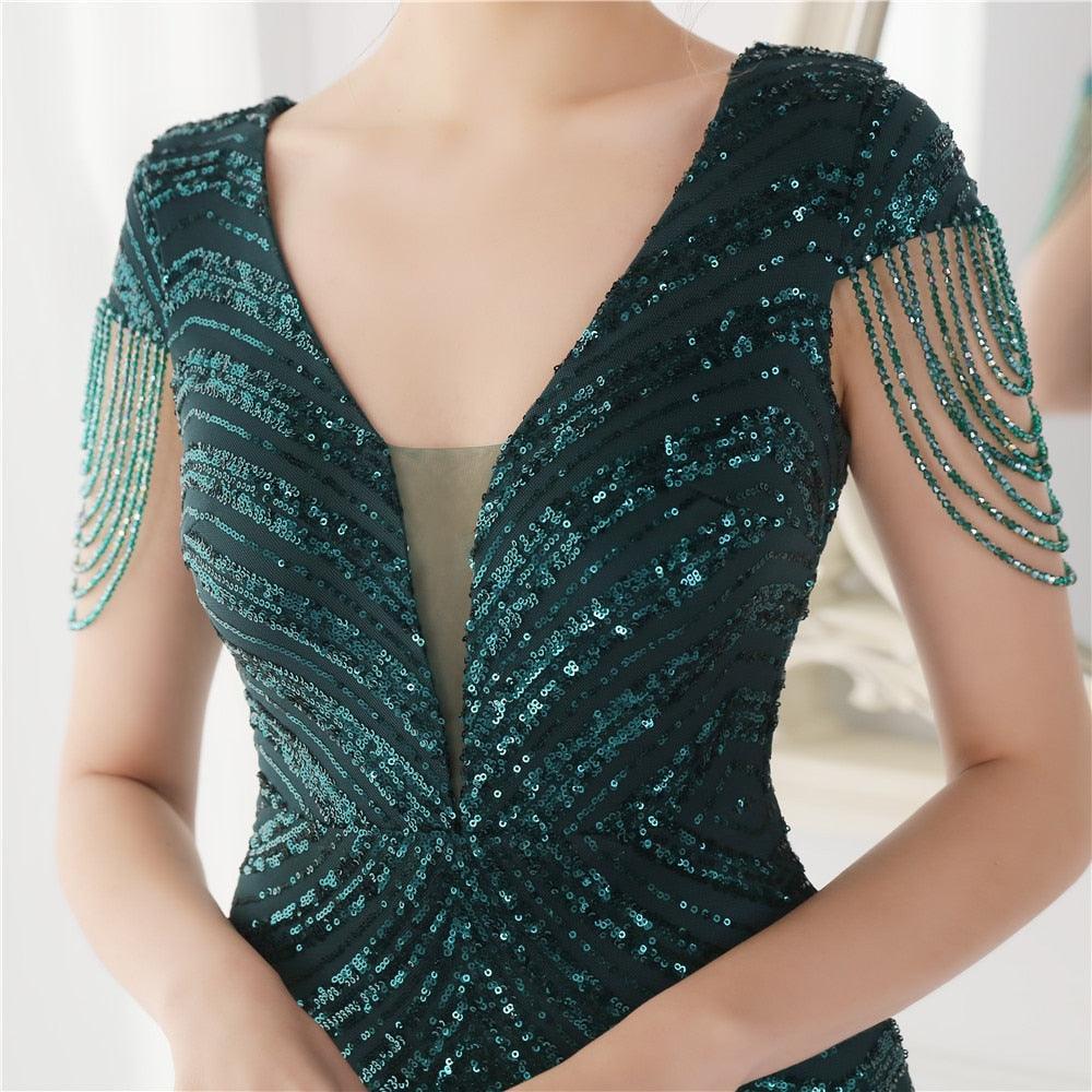 Kristen Deep V Neck Sequin Evening Dresses - Vestir en Moda