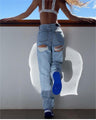 Leila High Waist Mid Rise Ripped Slim Fit Straight Jeans Modern Denim - Vestir en Moda