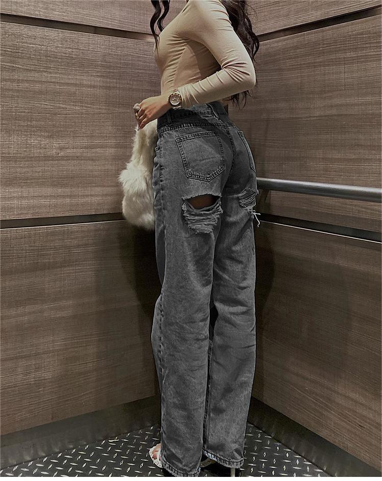 Leila High Waist Mid Rise Ripped Slim Fit Straight Jeans Modern Denim - Vestir en Moda