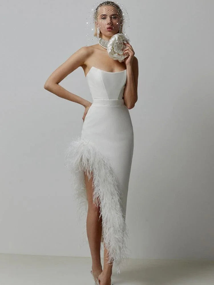 Leticia Strapless Feather Midi Bandage Dresses - Vestir en Moda