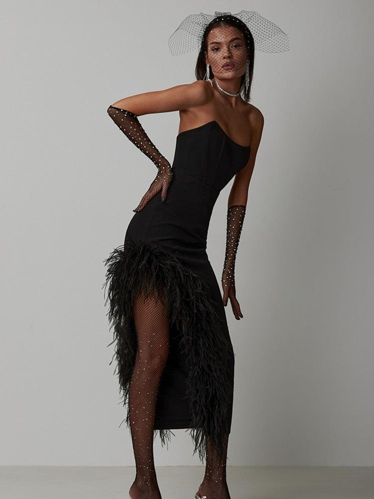 Leticia Strapless Feather Midi Bandage Dresses - Vestir en Moda