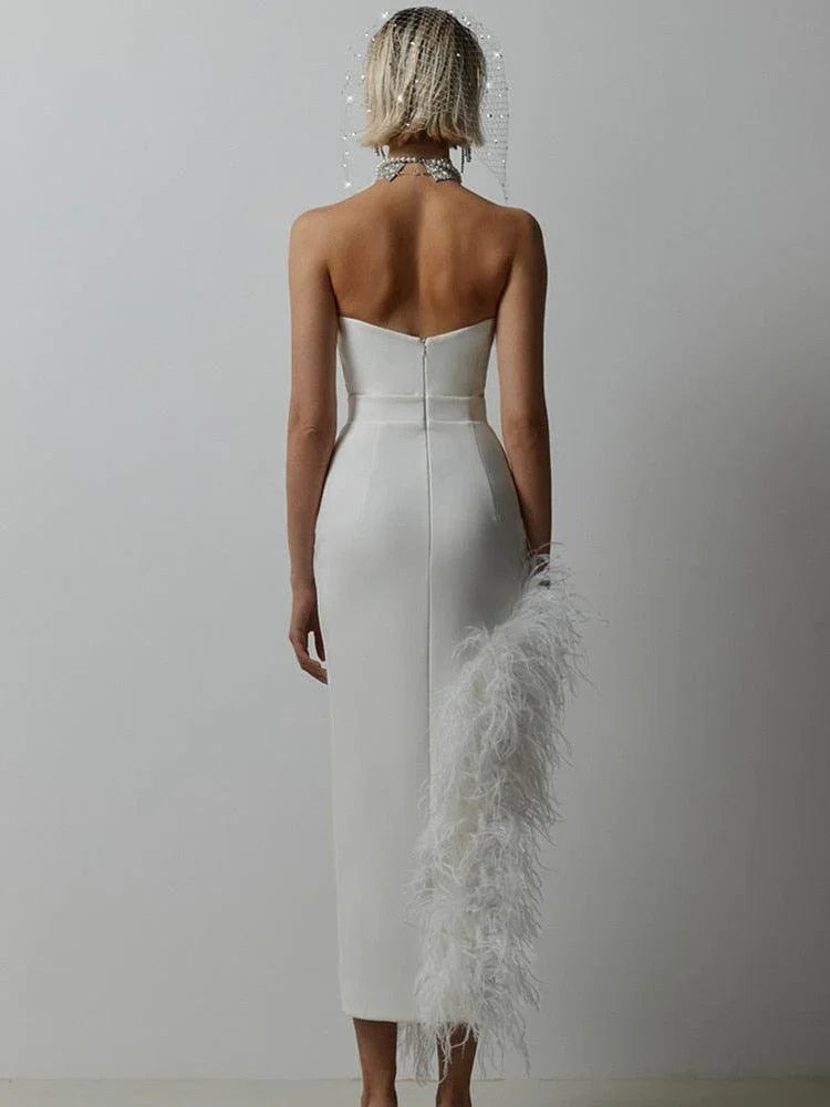 Leticia Strapless Feather Midi Bandage Dresses - Vestir en Moda
