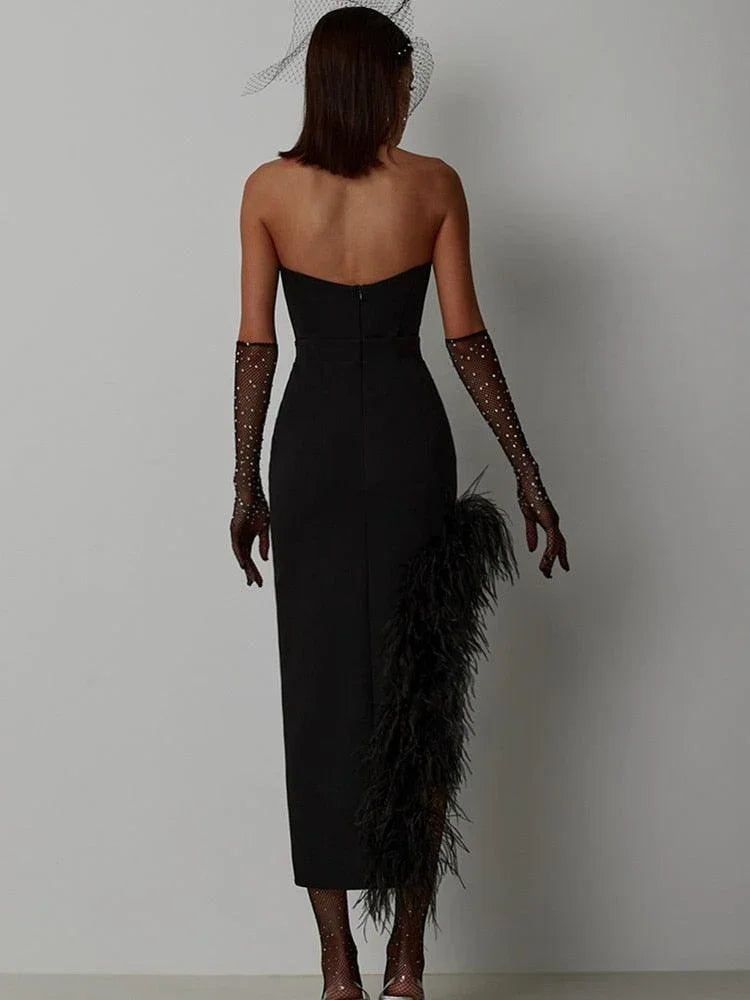 Leticia Strapless Feather Midi Bandage Dresses - Vestir en Moda