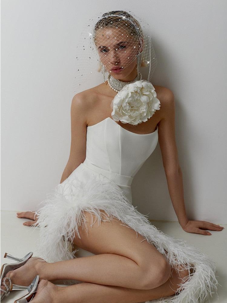 Leticia Strapless Feather Midi Bandage Dresses - Vestir en Moda