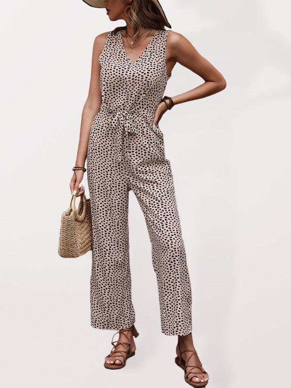 Lola Women V-neck Faux Animal-print Tie-front Sleeveless Jumpsuits - Vestir en Moda