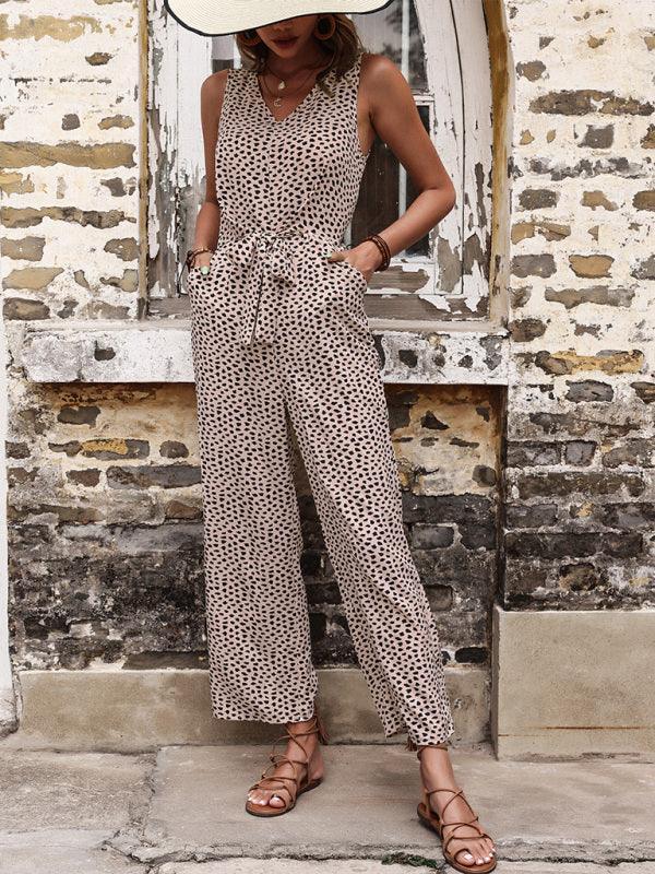 Lola Women V-neck Faux Animal-print Tie-front Sleeveless Jumpsuits - Vestir en Moda