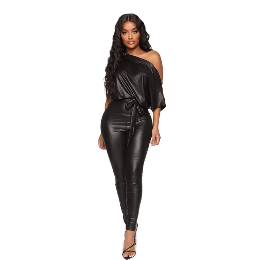 Luján Fall Women Clothing Leather The Shoulder Leather Jumpsuits - Vestir en Moda