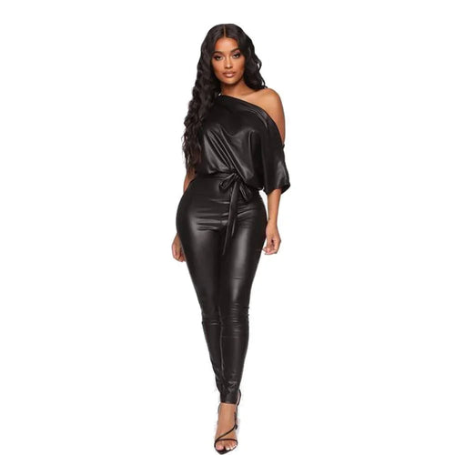 Luján Fall Women Clothing Leather The Shoulder Leather Jumpsuits - Vestir en Moda