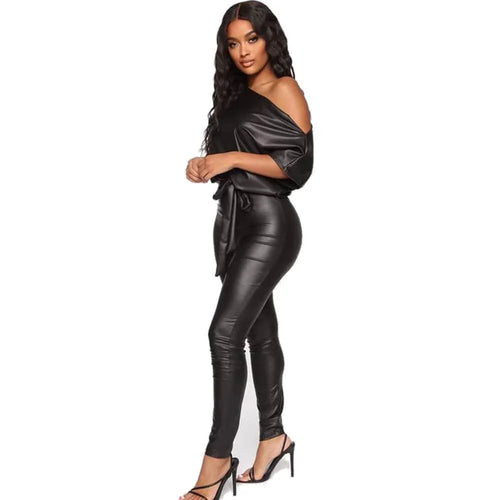 Luján Fall Women Clothing Leather The Shoulder Leather Jumpsuits - Vestir en Moda