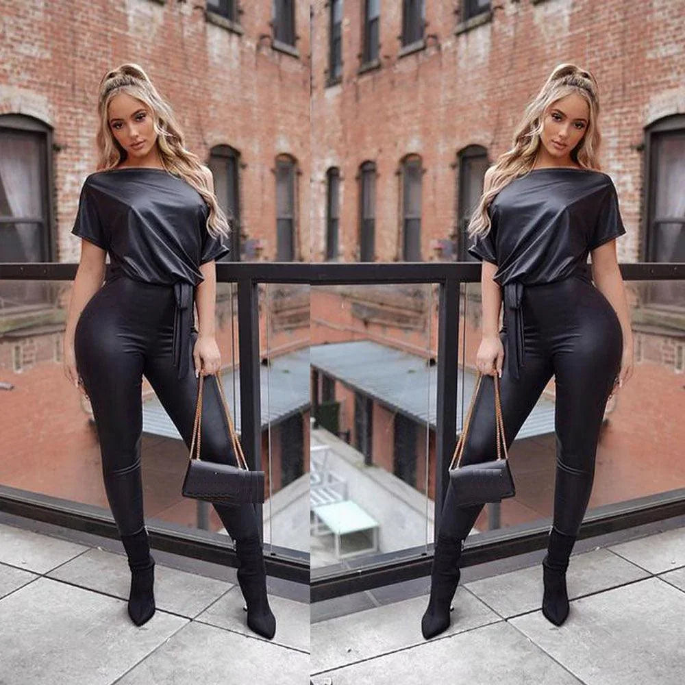 Luján Fall Women Clothing Leather The Shoulder Leather Jumpsuits - Vestir en Moda