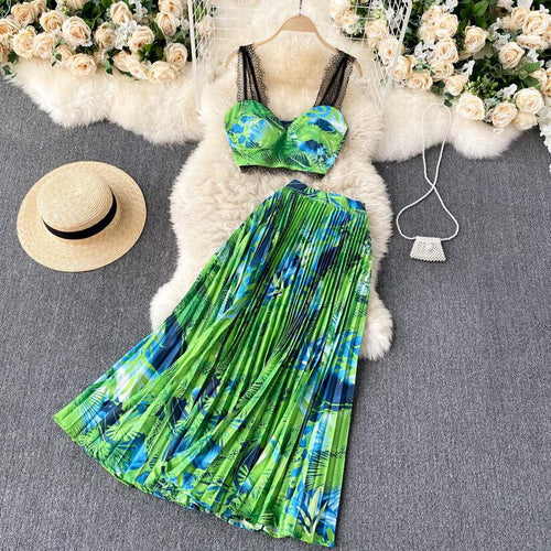 Luna Tropical Leaf Print Vacation Suit Design Lace Two Piece Sets - Vestir en Moda