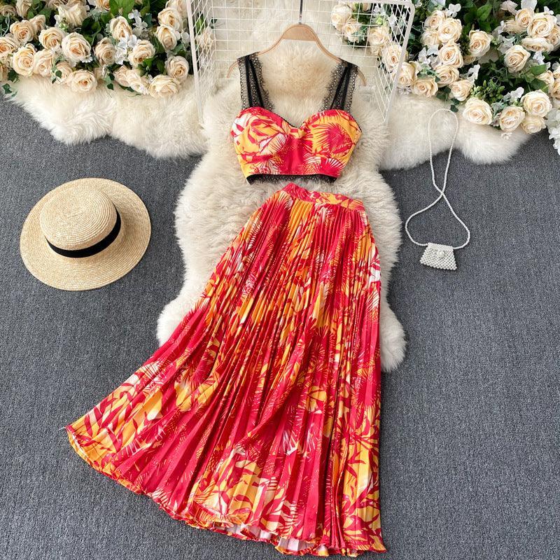 Luna Tropical Leaf Print Vacation Suit Design Lace Two Piece Sets - Vestir en Moda