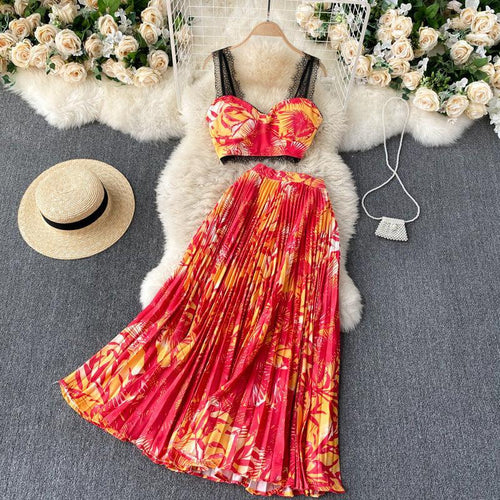 Luna Tropical Leaf Print Vacation Suit Design Lace Two Piece Sets - Vestir en Moda