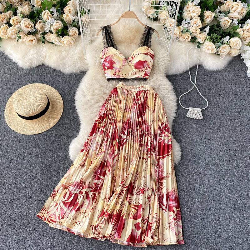 Luna Tropical Leaf Print Vacation Suit Design Lace Two Piece Sets - Vestir en Moda