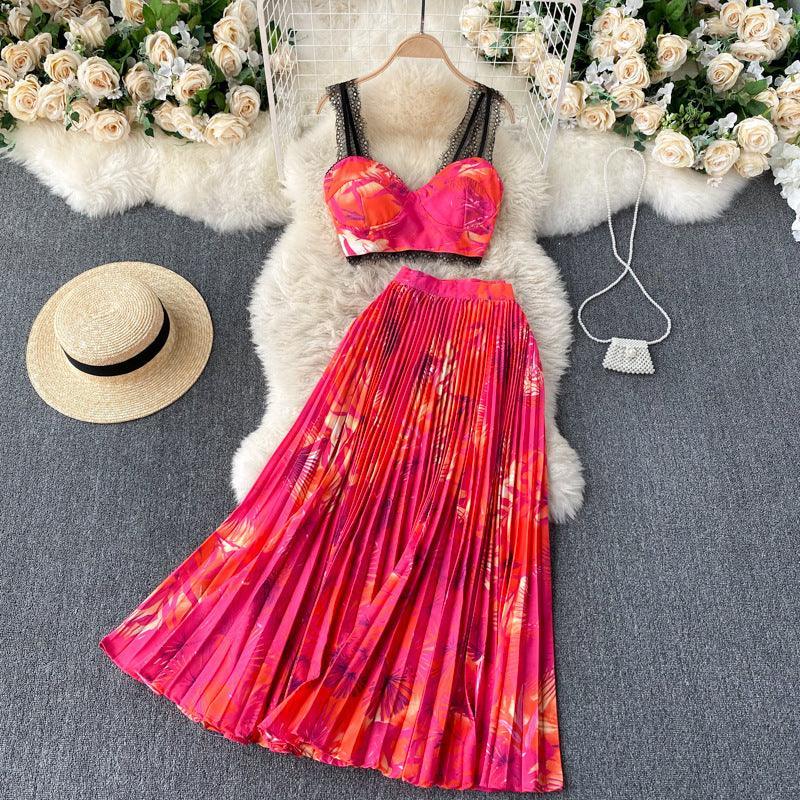 Luna Tropical Leaf Print Vacation Suit Design Lace Two Piece Sets - Vestir en Moda