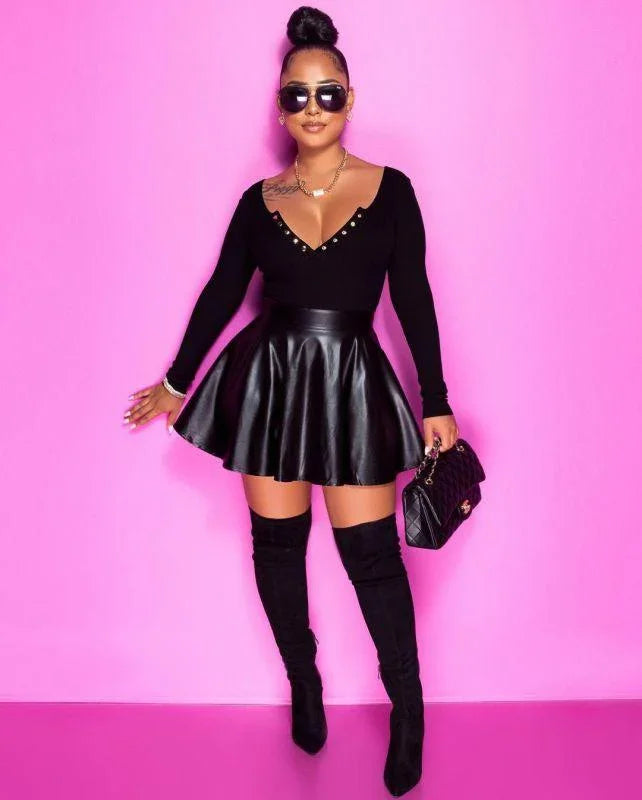 Maci Solid High Waist Swing Faux Leather Mini Skirt - Vestir en Moda