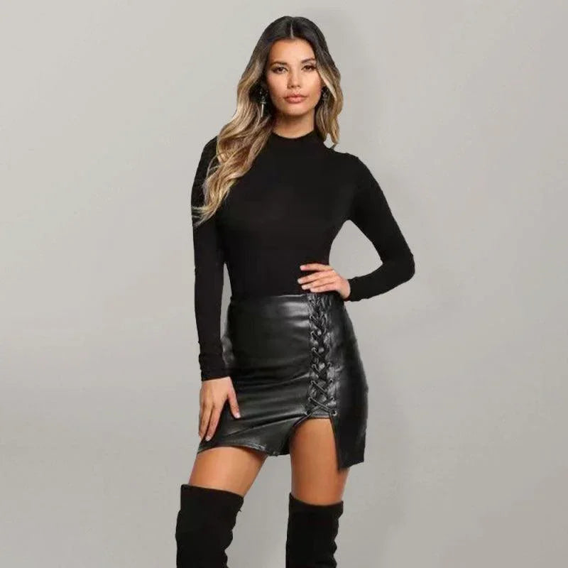 Macie Lace Up Faux Leather Slit Sexy Mini Skirt - Vestir en Moda