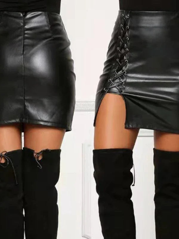 Macie Lace Up Faux Leather Slit Sexy Mini Skirt - Vestir en Moda