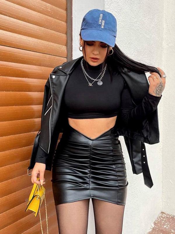 Maddison Vegan Leather V Low At Waist Ruched Skirt - Vestir en Moda