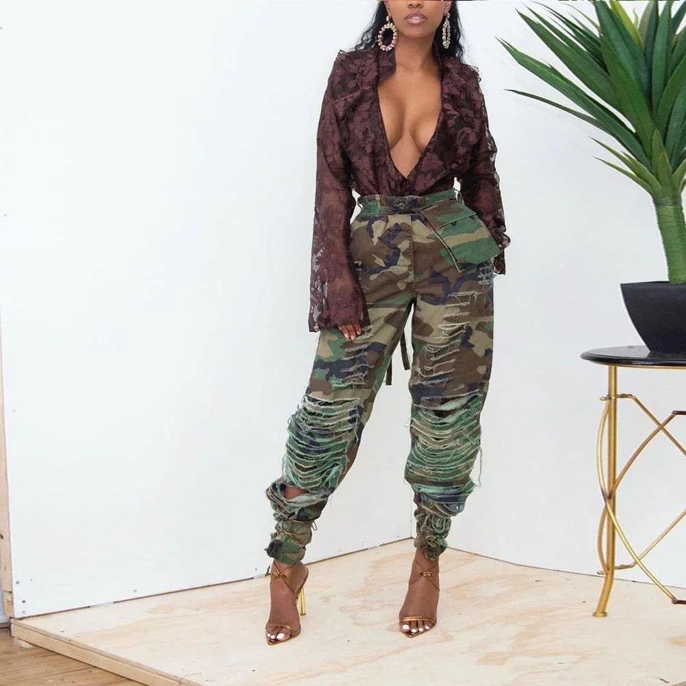 Makenna Camouflage Sexy Slim Fit Skinny Ripped Casual Pants - Vestir en Moda