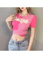 Maleah Sexy Tie Wrap Designer Striped Crop Tees - Vestir en Moda