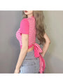 Maleah Sexy Tie Wrap Designer Striped Crop Tees - Vestir en Moda