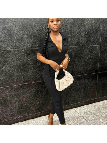 Marcela treet Solid Black Pockets Short Sleeve Jumpsuits