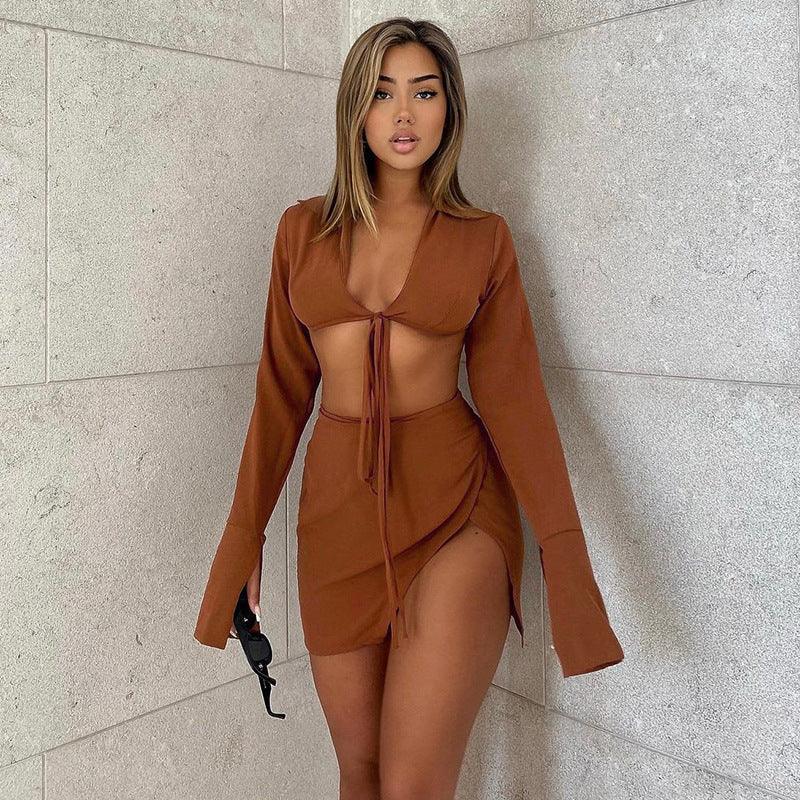 María Long Sleeve Tied Sexy Slit Sheath Casual Sets - Vestir en Moda