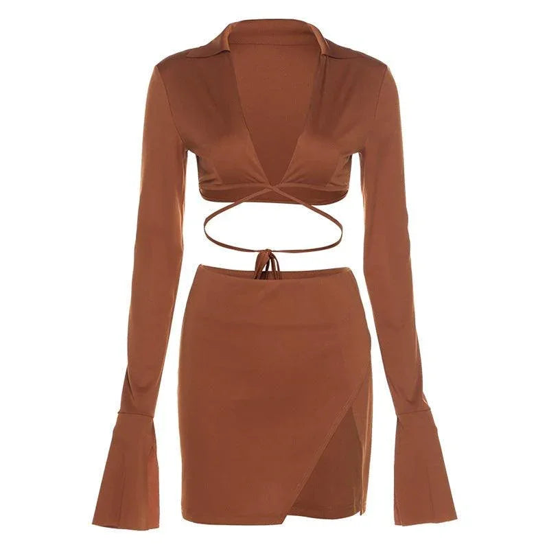 María Long Sleeve Tied Sexy Slit Sheath Casual Sets - Vestir en Moda