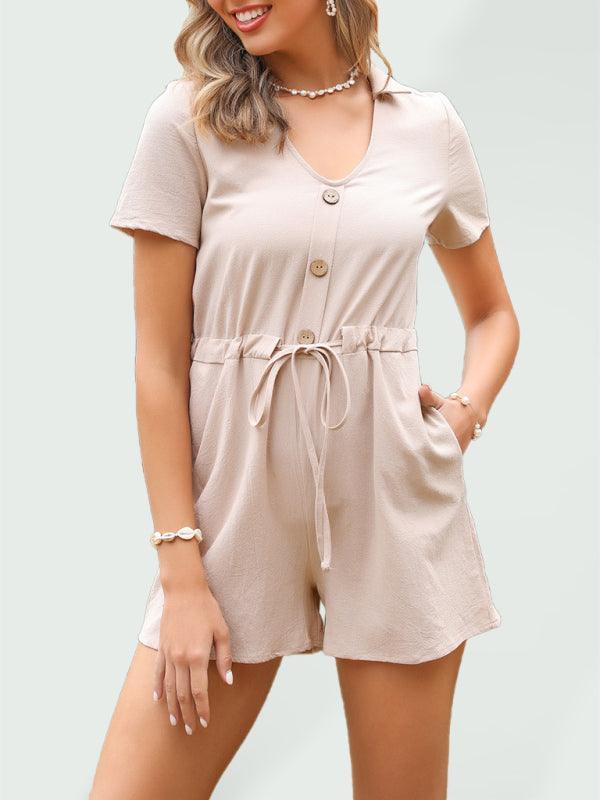 Martina Women Round Neck Solid Color Lapel Sleeve Rompers - Vestir en Moda