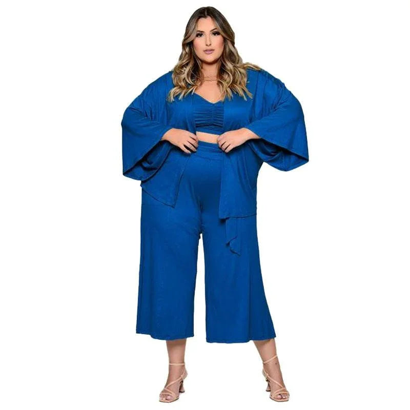 Maya Plus Size Vest Medium Long Trousers Fashion Solid Color Three Piece Set - Vestir en Moda