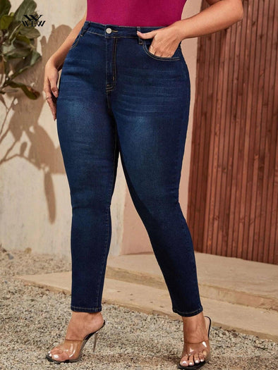 Melanie Plus Size Full Length High Waist Stretchy Pencil Curve Jeans - Vestir en Moda