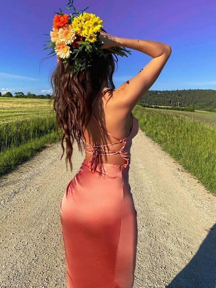 Melanie Satin Maxi Dresses Backless - Vestir en Moda