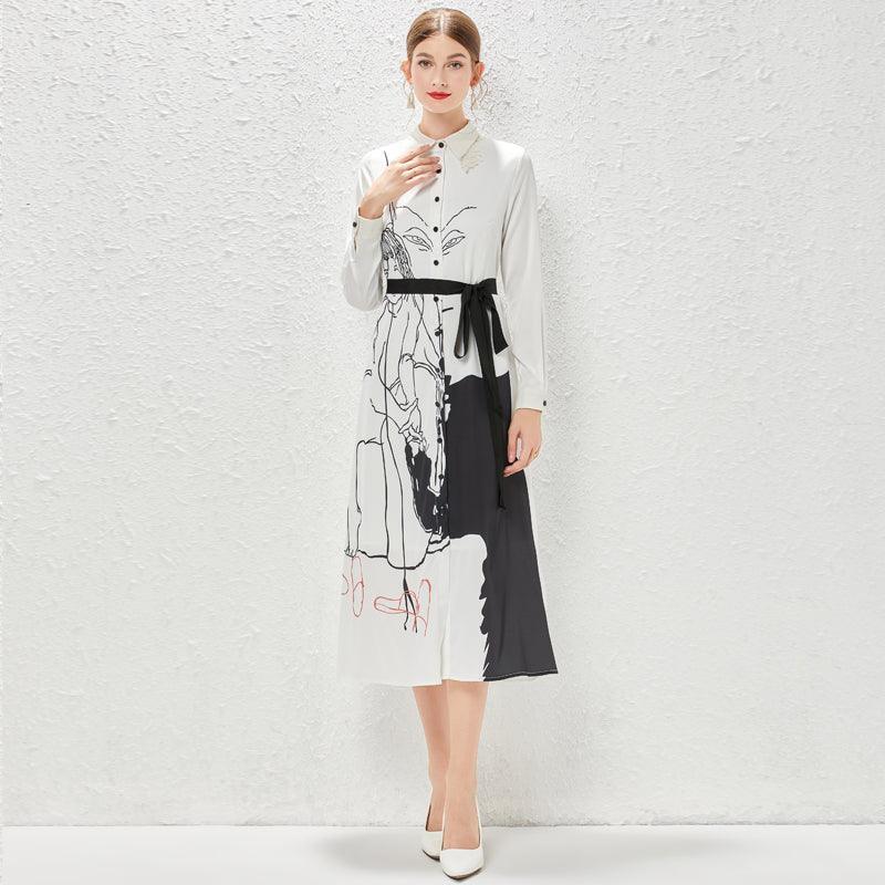Melissa With Printed Lapel Slim Single Breasted Shirt Dresses - Vestir en Moda