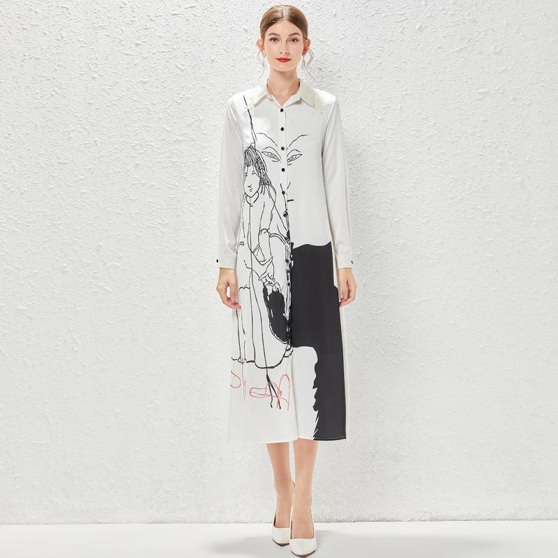 Melissa With Printed Lapel Slim Single Breasted Shirt Dresses - Vestir en Moda