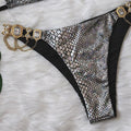 Melody Shiny Crystal Diamond Metal Buckle Halter Snake Print Swimwear - Vestir en Moda
