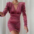 Mia Collar Pink Velvet Slim Pleated Long Sleeve Dress Women - Vestir en Moda