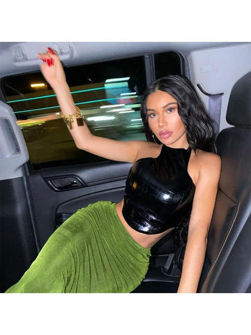 Milly Leather Halter Sleeveless Tank Top