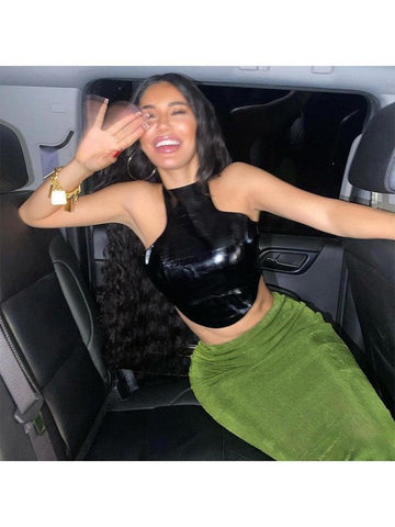 Milly Leather Halter Sleeveless Tank Top